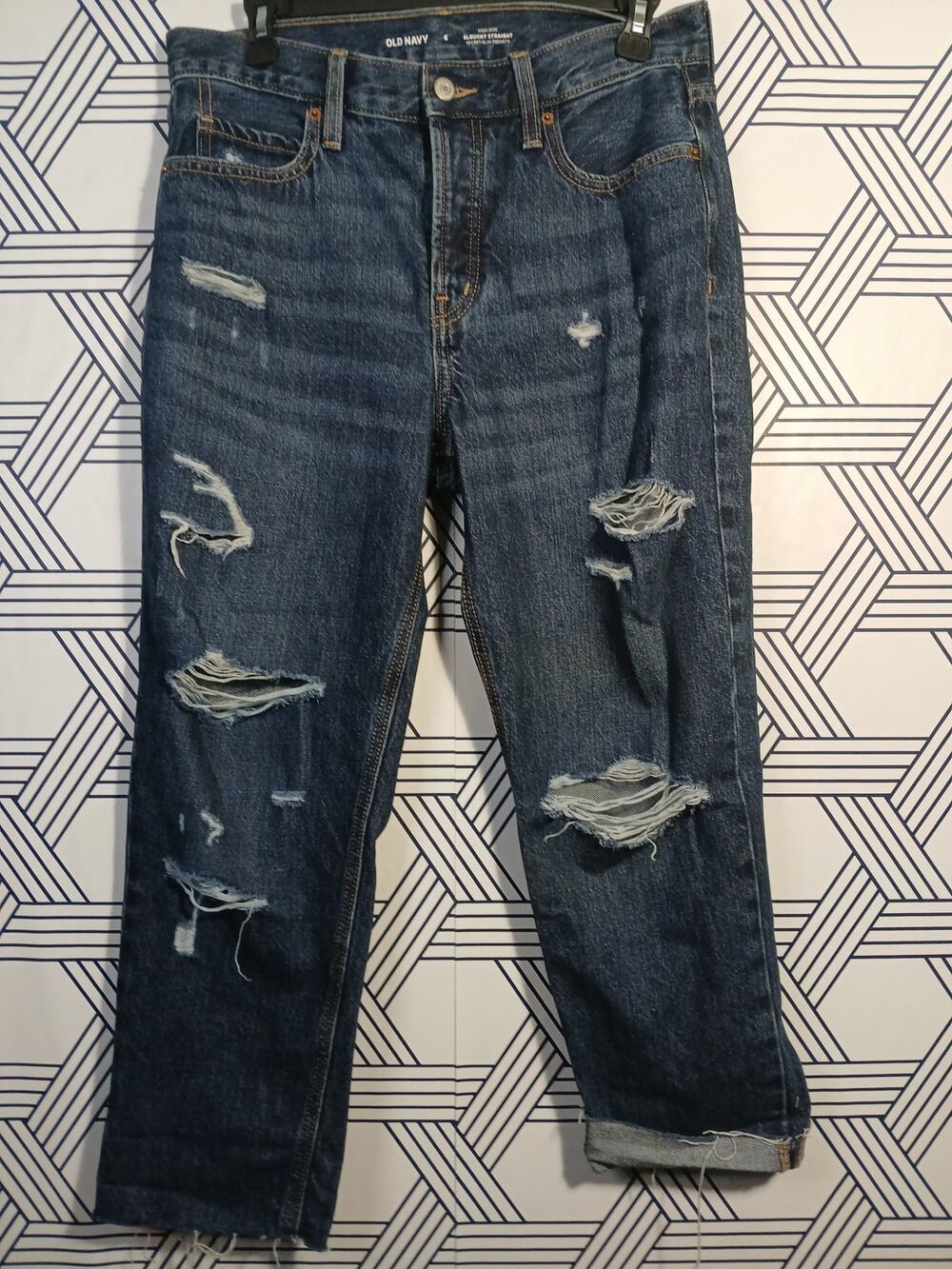 Old Navy Slouchy Straight Jeans Button Fly Distressed Raw Hem Hi Rise